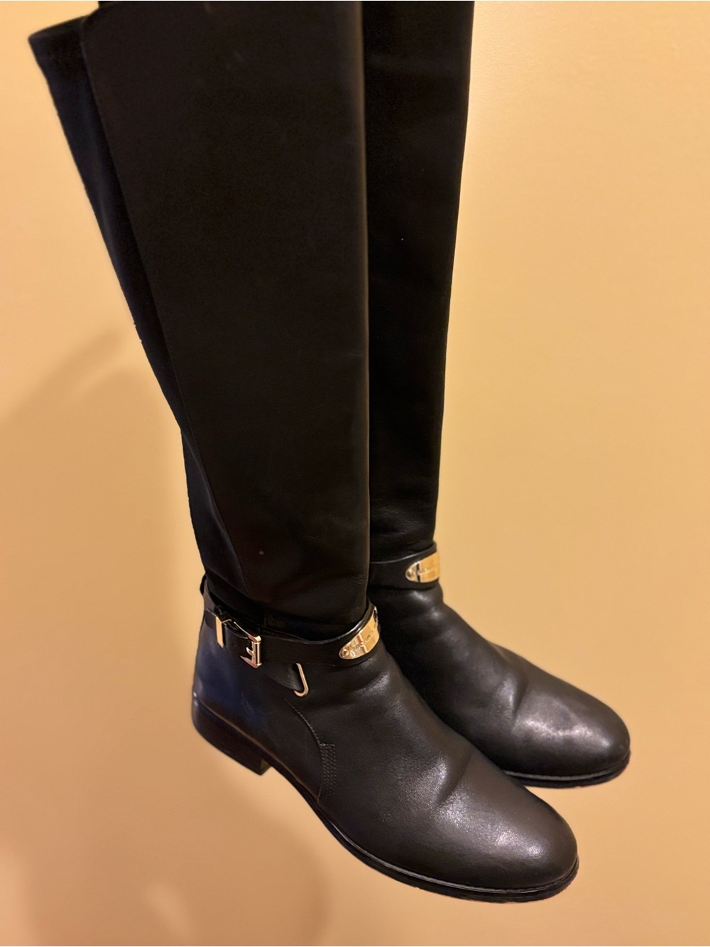 MICHAEL Michael Kors Black Leather Knee-High Boots with Gold Hardware